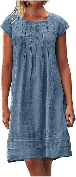 Womens Casual Summer T Shirt Dress Loose Cap Sleeve Pleated Tunic Dress Plus Size Cotton Linen Dress for Women Midi