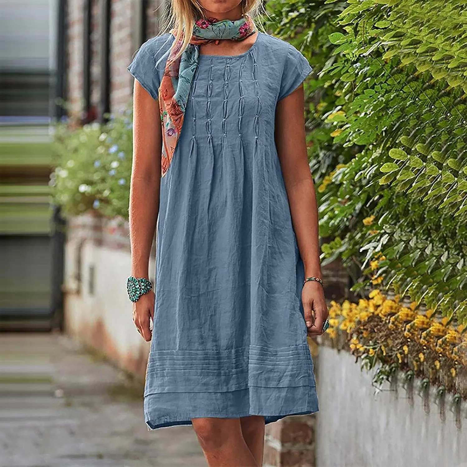 Womens Casual Summer T Shirt Dress Loose Cap Sleeve Pleated Tunic Dress Plus Size Cotton Linen Dress for Women Midi