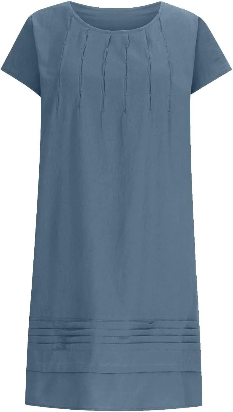 Womens Casual Summer T Shirt Dress Loose Cap Sleeve Pleated Tunic Dress Plus Size Cotton Linen Dress for Women Midi