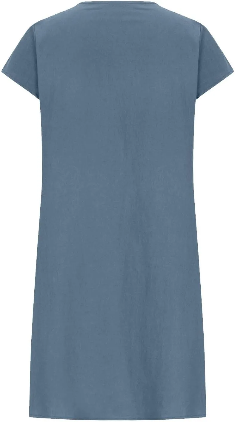 Womens Casual Summer T Shirt Dress Loose Cap Sleeve Pleated Tunic Dress Plus Size Cotton Linen Dress for Women Midi