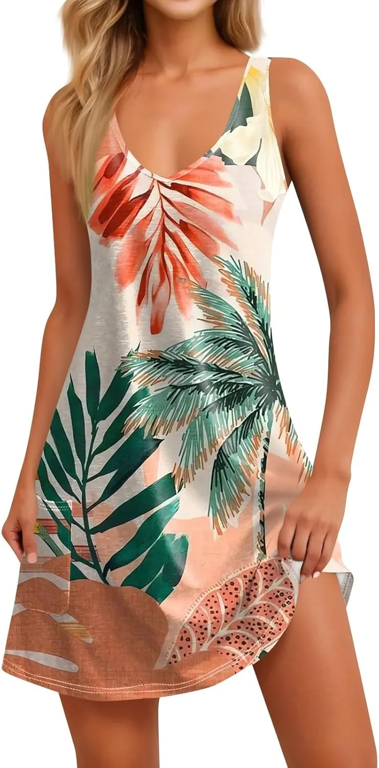 Women's Cocktail Dresses 2025 Beach Casual Sleeveless Floral Print Summer Dress Tank Loose Sundress with Pocket