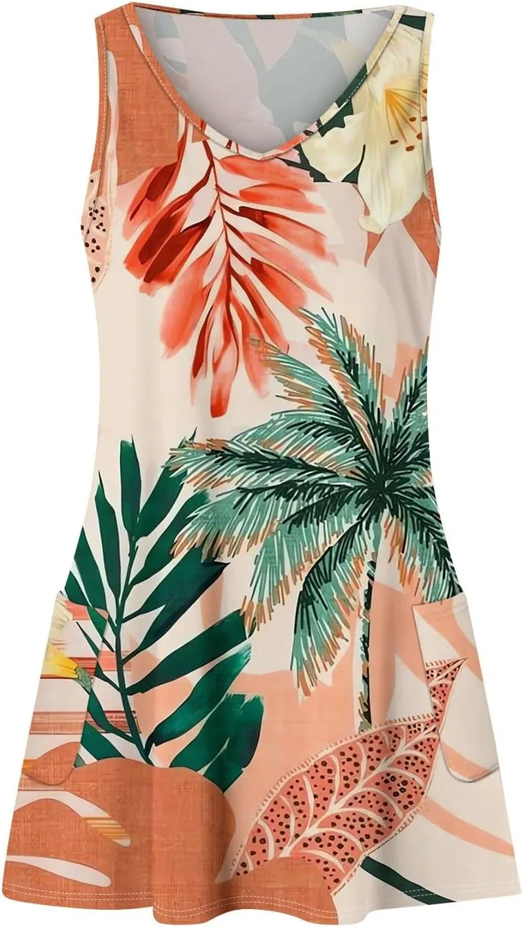Women's Cocktail Dresses 2025 Beach Casual Sleeveless Floral Print Summer Dress Tank Loose Sundress with Pocket
