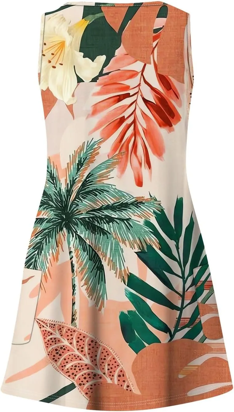 Women's Cocktail Dresses 2025 Beach Casual Sleeveless Floral Print Summer Dress Tank Loose Sundress with Pocket