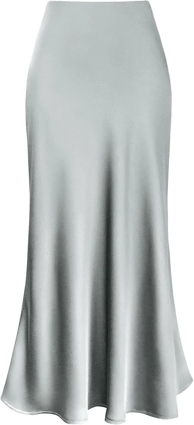 Women's Elegant Satin Skirts High Waisted Flared Casual Work Fishtail Midi Skirt