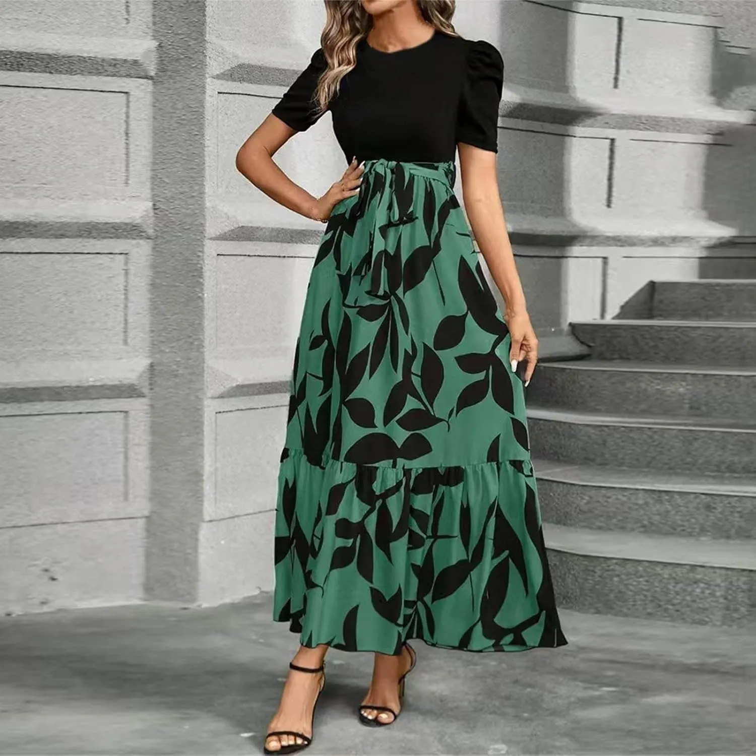 Womens Floral Maxi Dress Short Sleeve Empire Waist Elegant Long Dress with Belt Summer Casual Vintage Flowy Dresses