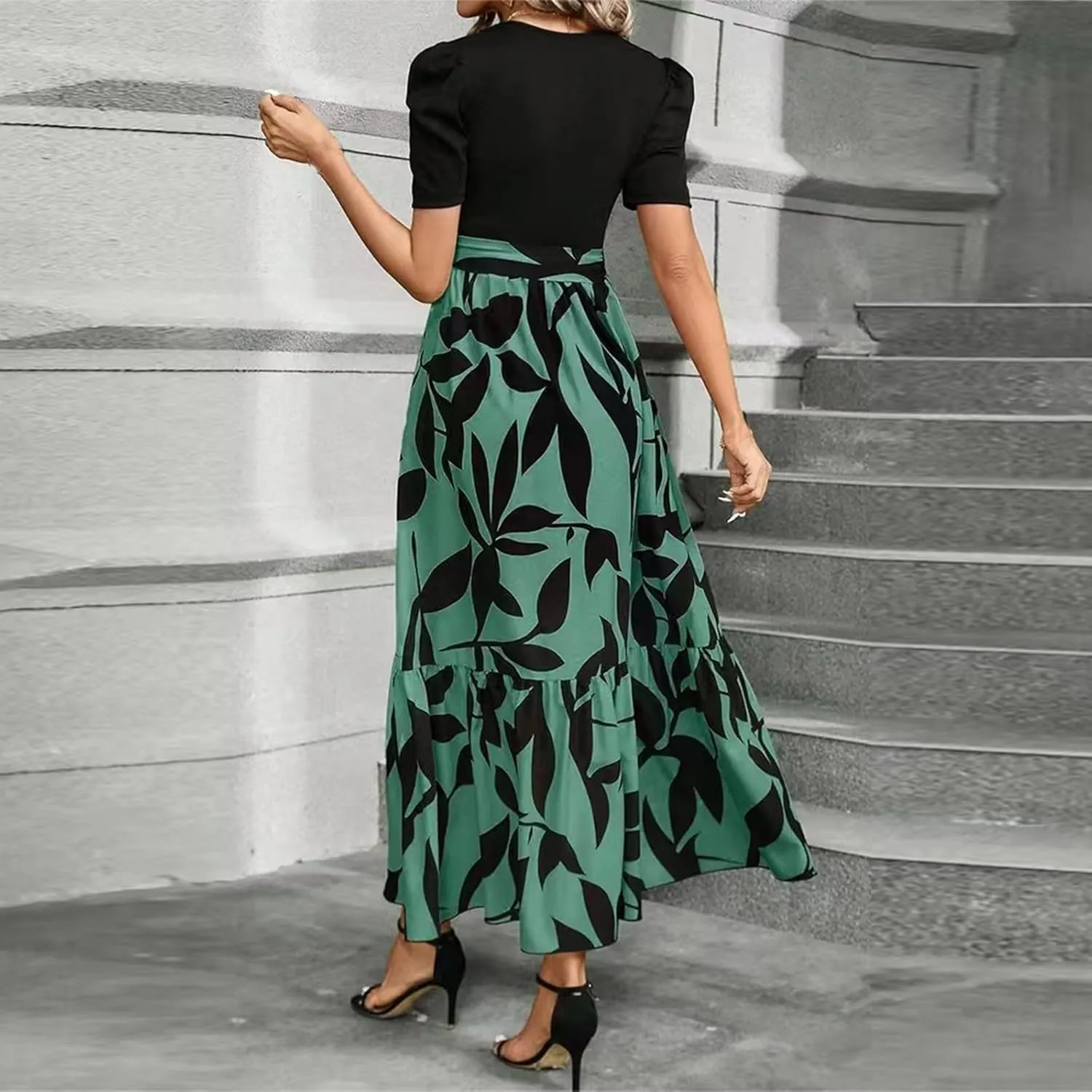 Womens Floral Maxi Dress Short Sleeve Empire Waist Elegant Long Dress with Belt Summer Casual Vintage Flowy Dresses