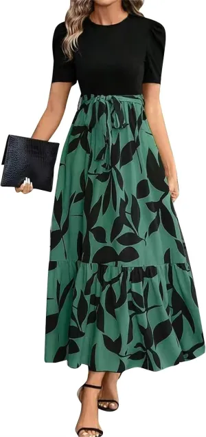 Womens Floral Maxi Dress Short Sleeve Empire Waist Elegant Long Dress with Belt Summer Casual Vintage Flowy Dresses
