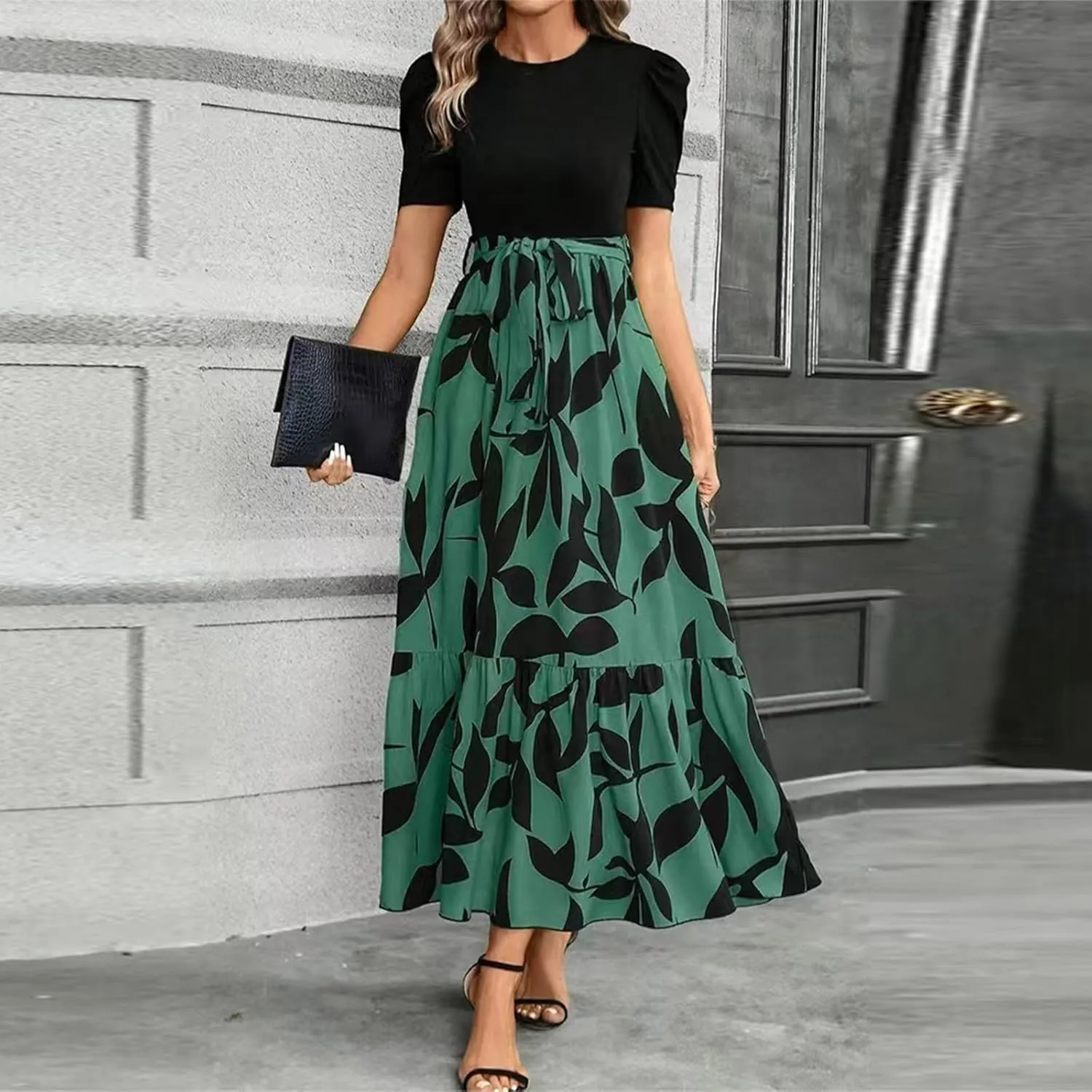 Womens Floral Maxi Dress Short Sleeve Empire Waist Elegant Long Dress with Belt Summer Casual Vintage Flowy Dresses