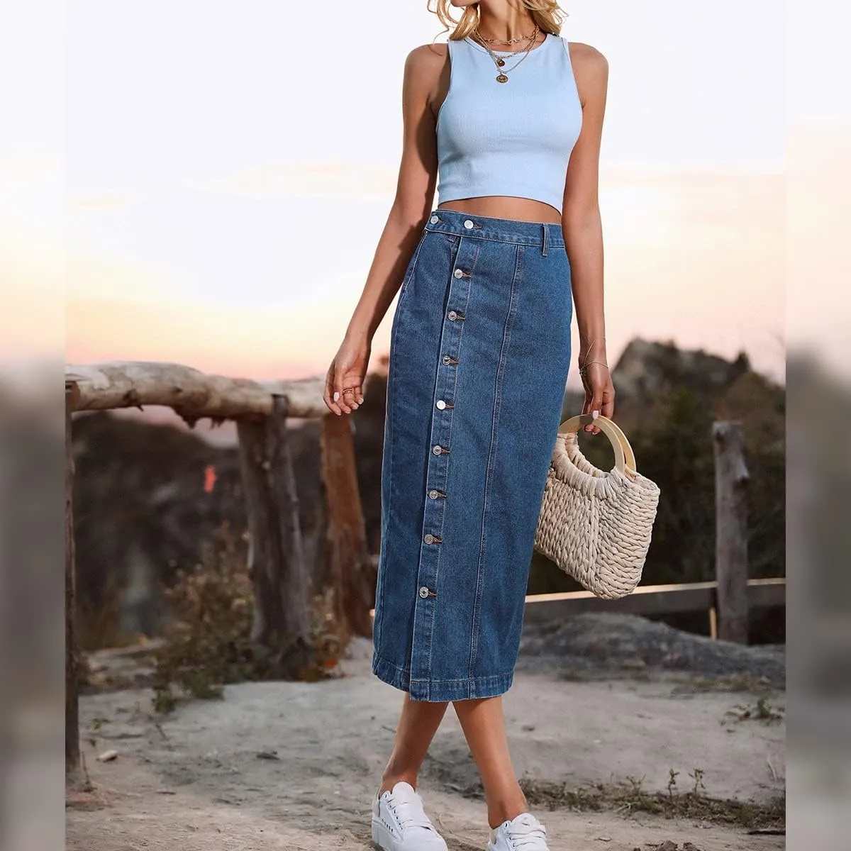 Women's High Waisted Slit Button up Midi Jean Skirt High Split Casual Denim Long Skirts