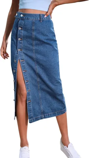 Women's High Waisted Slit Button up Midi Jean Skirt High Split Casual Denim Long Skirts