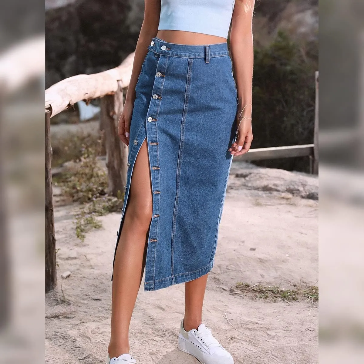 Women's High Waisted Slit Button up Midi Jean Skirt High Split Casual Denim Long Skirts