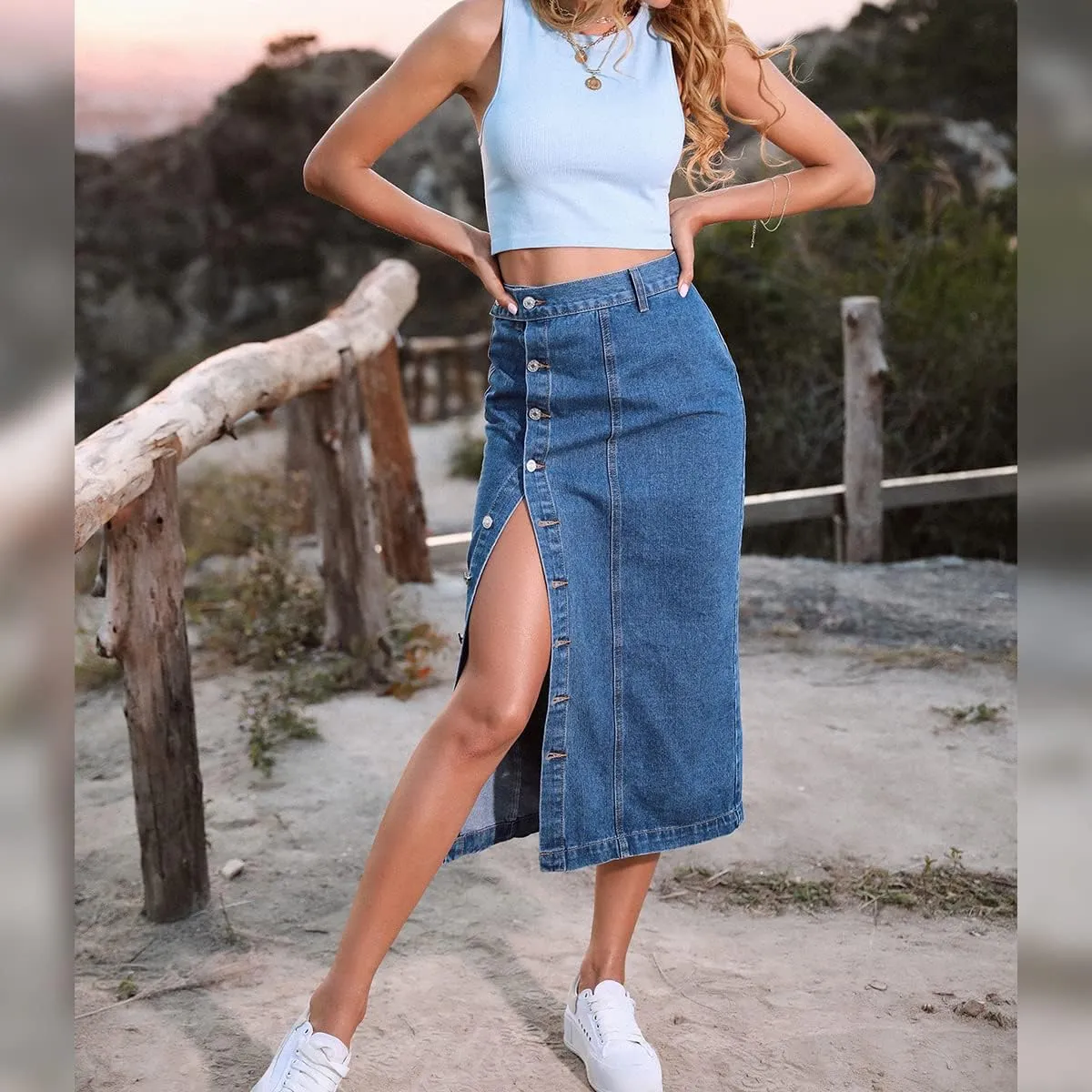 Women's High Waisted Slit Button up Midi Jean Skirt High Split Casual Denim Long Skirts