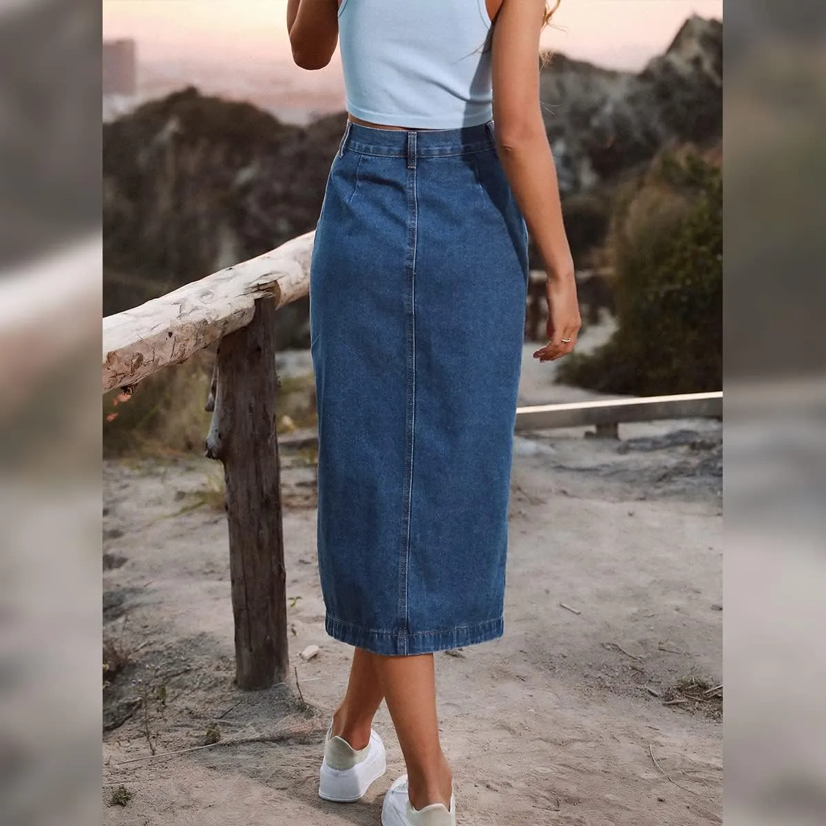 Women's High Waisted Slit Button up Midi Jean Skirt High Split Casual Denim Long Skirts