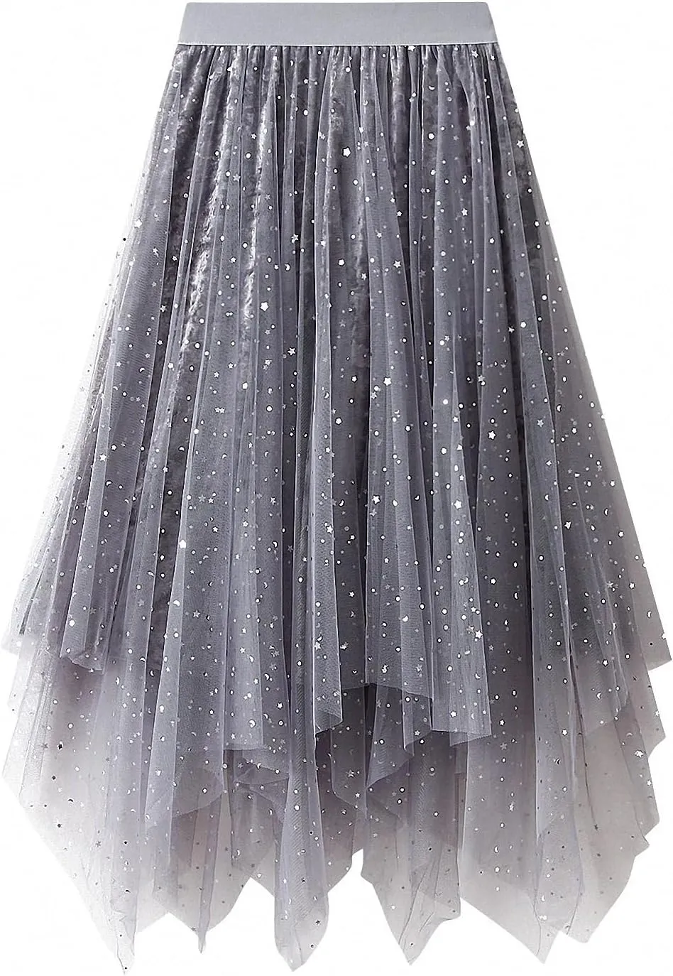 Womens Mesh Layered Pleated Skirts Elastic High Waist Tulle Tutu Irregular Hem Ruffle Prom Party A-Line Midi Skirt