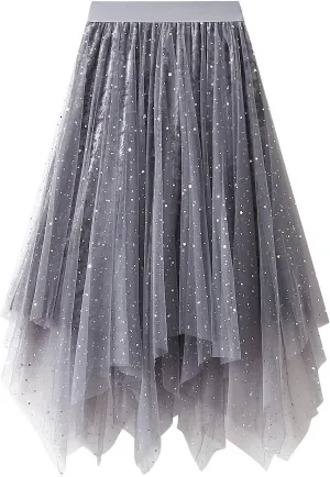 Womens Mesh Layered Pleated Skirts Elastic High Waist Tulle Tutu Irregular Hem Ruffle Prom Party A-Line Midi Skirt