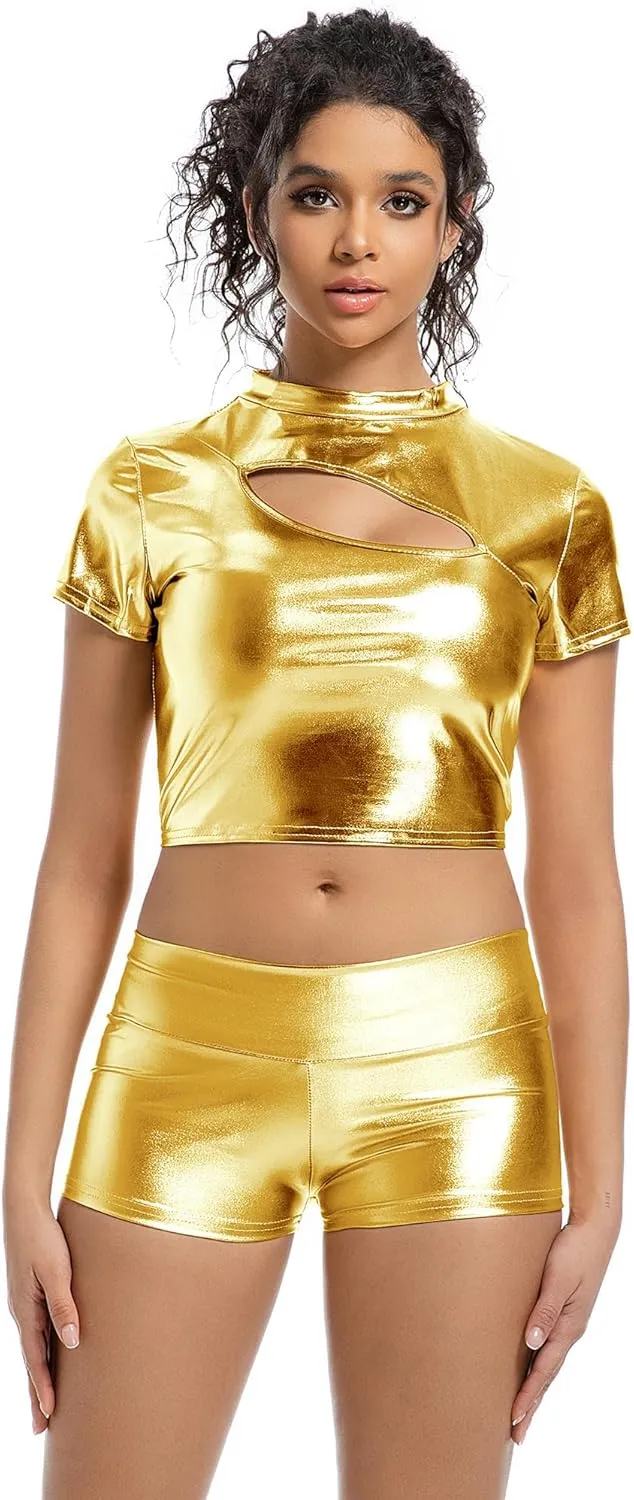 Women's Metallic Booty Shorts High Waisted Shiny Bottoms Rave Hot Pants for Dance, Party, Festival