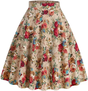 Women's Midi Skirt Vintage Floral Printed High Waist Peasant Summer Pleated Fashion Basic Cotton Casual Fall