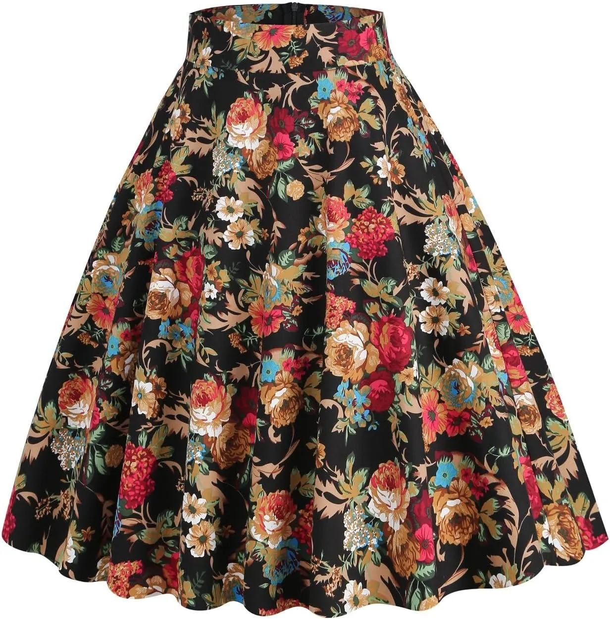 Women's Midi Skirt Vintage Floral Printed High Waist Peasant Summer Pleated Fashion Basic Cotton Casual Fall