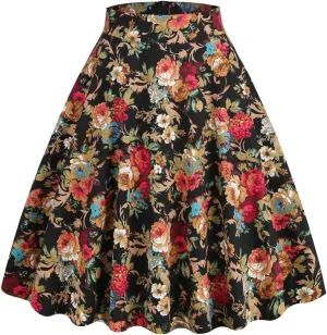 Women's Midi Skirt Vintage Floral Printed High Waist Peasant Summer Pleated Fashion Basic Cotton Casual Fall
