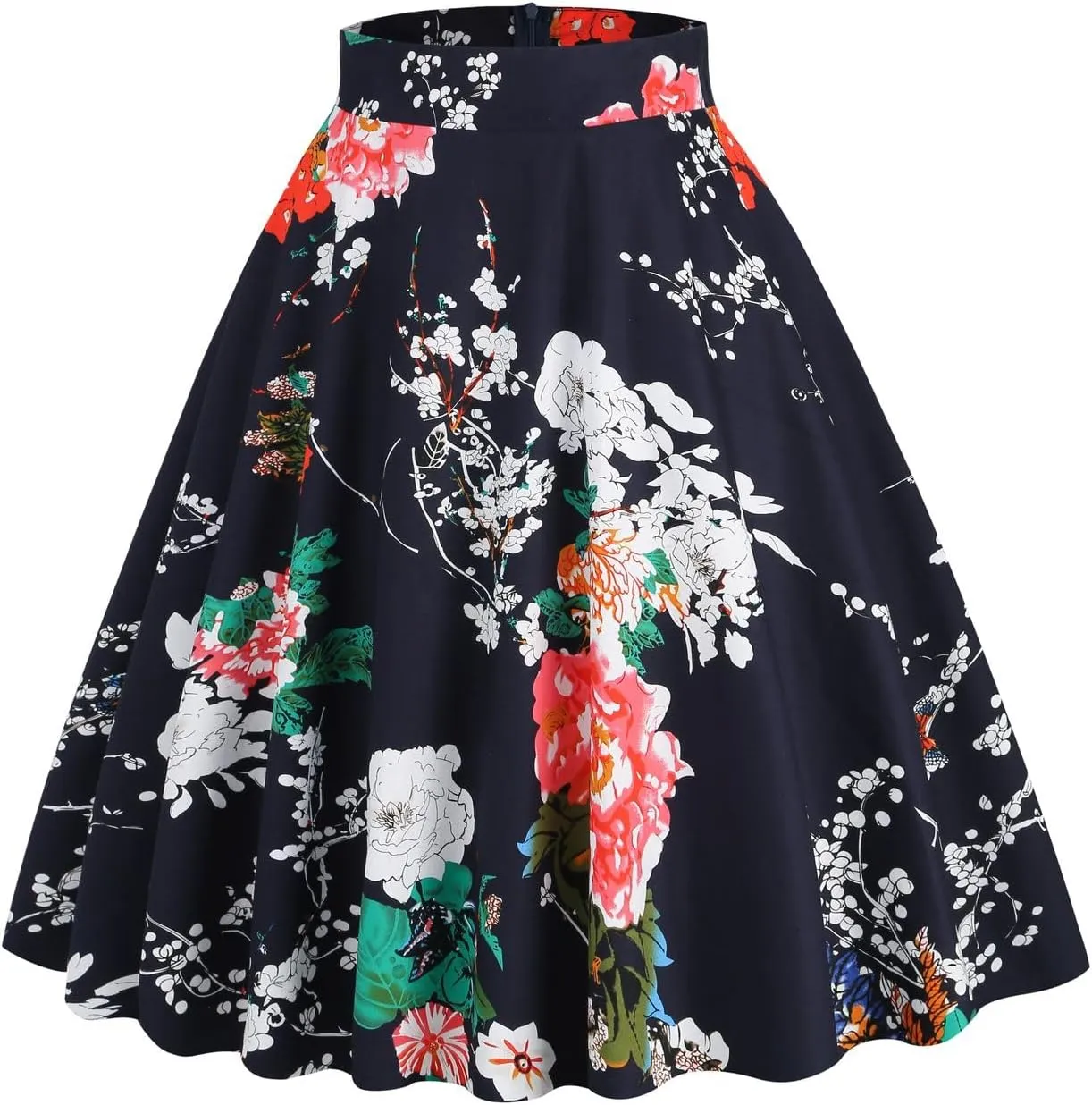 Women's Midi Skirt Vintage Floral Printed High Waist Peasant Summer Pleated Fashion Basic Cotton Casual Fall