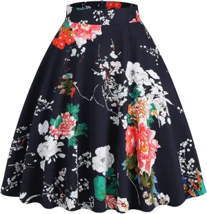 Women's Midi Skirt Vintage Floral Printed High Waist Peasant Summer Pleated Fashion Basic Cotton Casual Fall