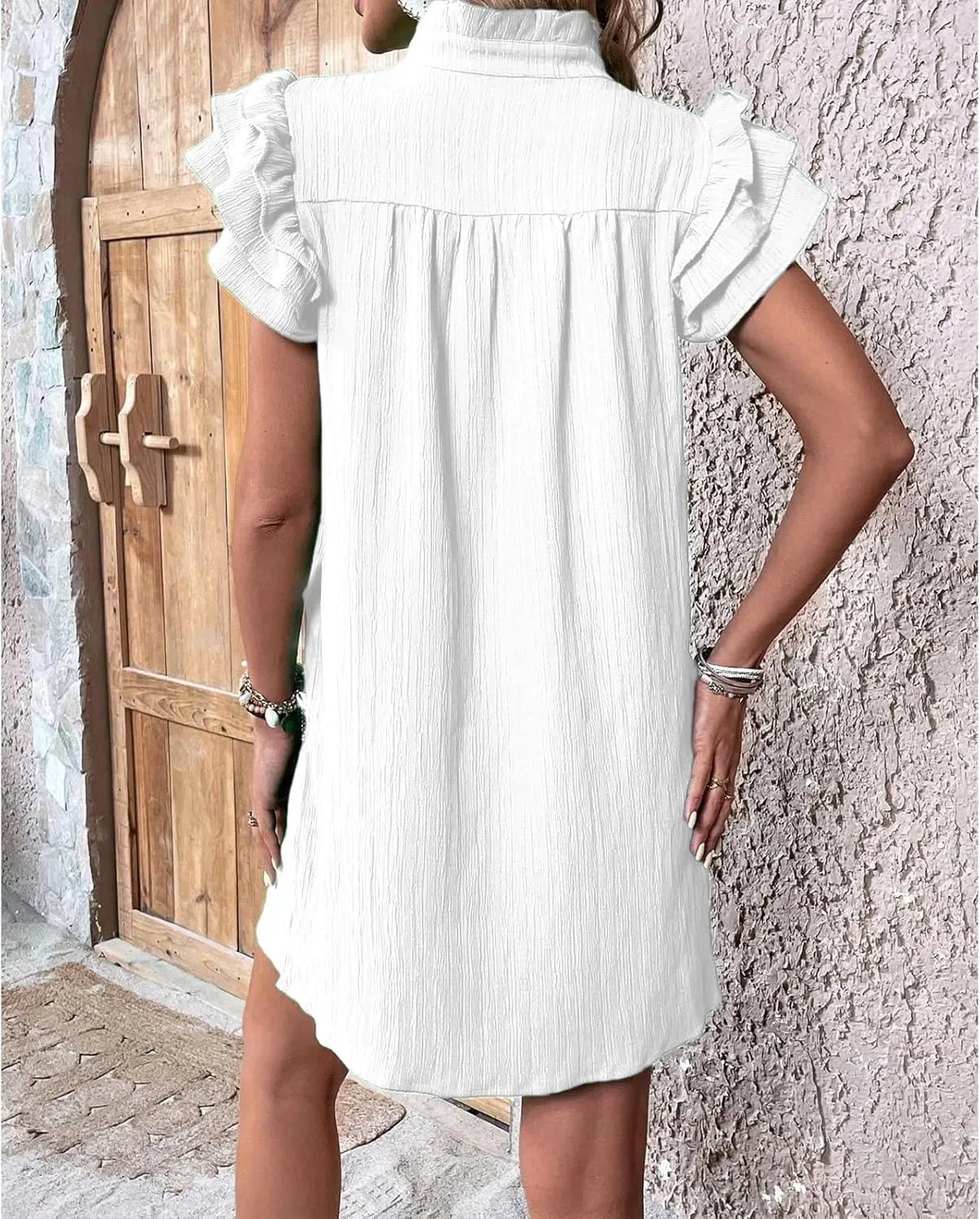 Womens Mini Dress Summer Ruffle Short Sleeve V Neck Dress Loose Solid Color Party Dresses Fashion Basic Beach Dresses