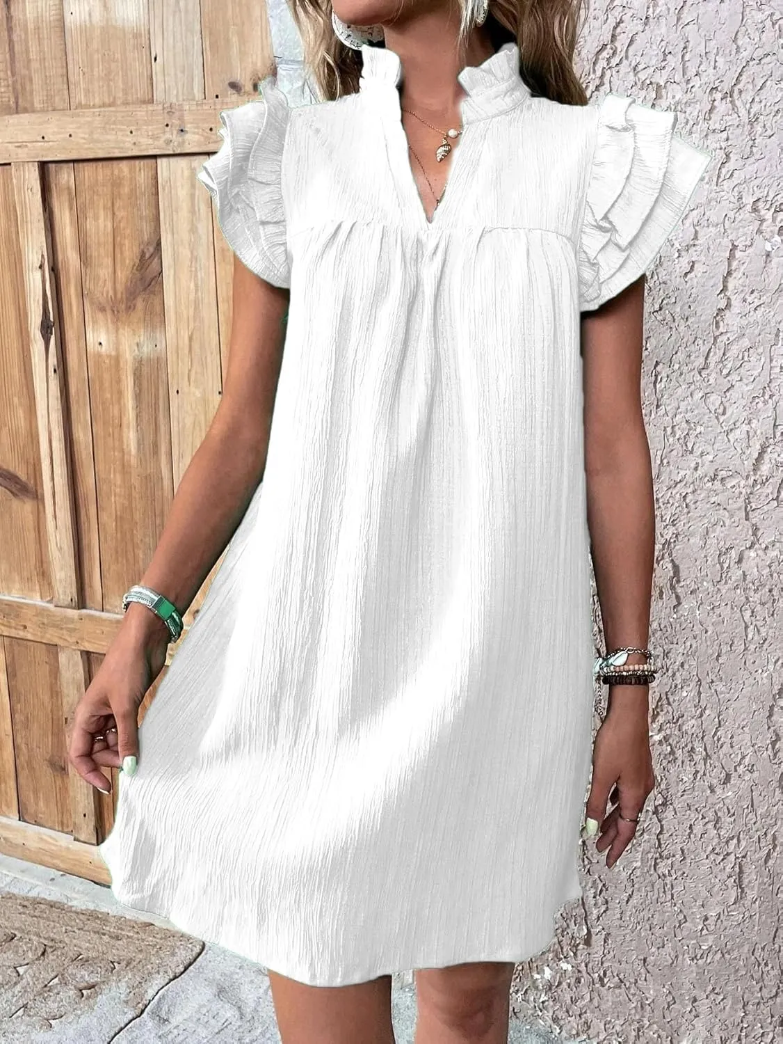 Womens Mini Dress Summer Ruffle Short Sleeve V Neck Dress Loose Solid Color Party Dresses Fashion Basic Beach Dresses