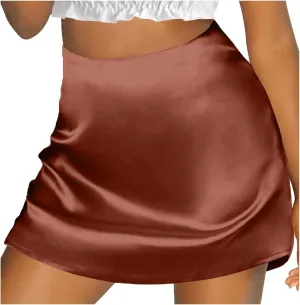 Women's Mini Skirts Casual High Waisted Stain Silk A-Line Zipper Fall Short Skirt Rave Festival Party Skirts