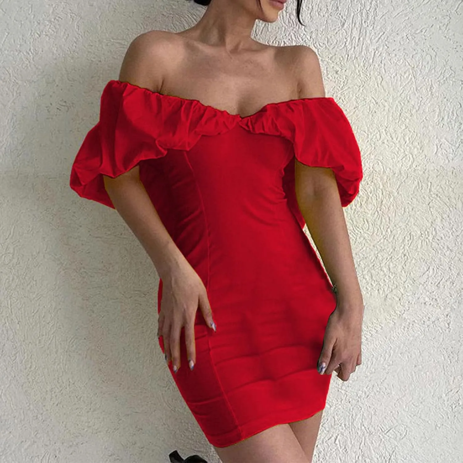 Womens Off Shoulder Ruffle Short Sleeve Wedding Guest A Line Dress Cocktail Party Pencil Dresses Slim Fit Dress