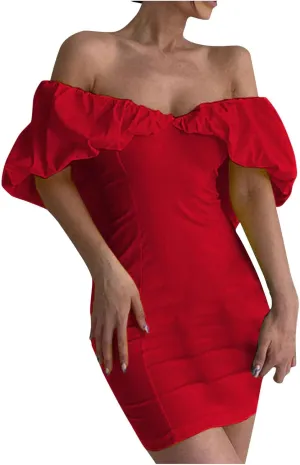 Womens Off Shoulder Ruffle Short Sleeve Wedding Guest A Line Dress Cocktail Party Pencil Dresses Slim Fit Dress