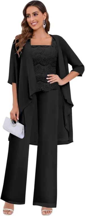 Women's Pant Suits for Wedding 3 Piece Chiffon Lace Mother of The Bride Pantsuit Formal Outfit
