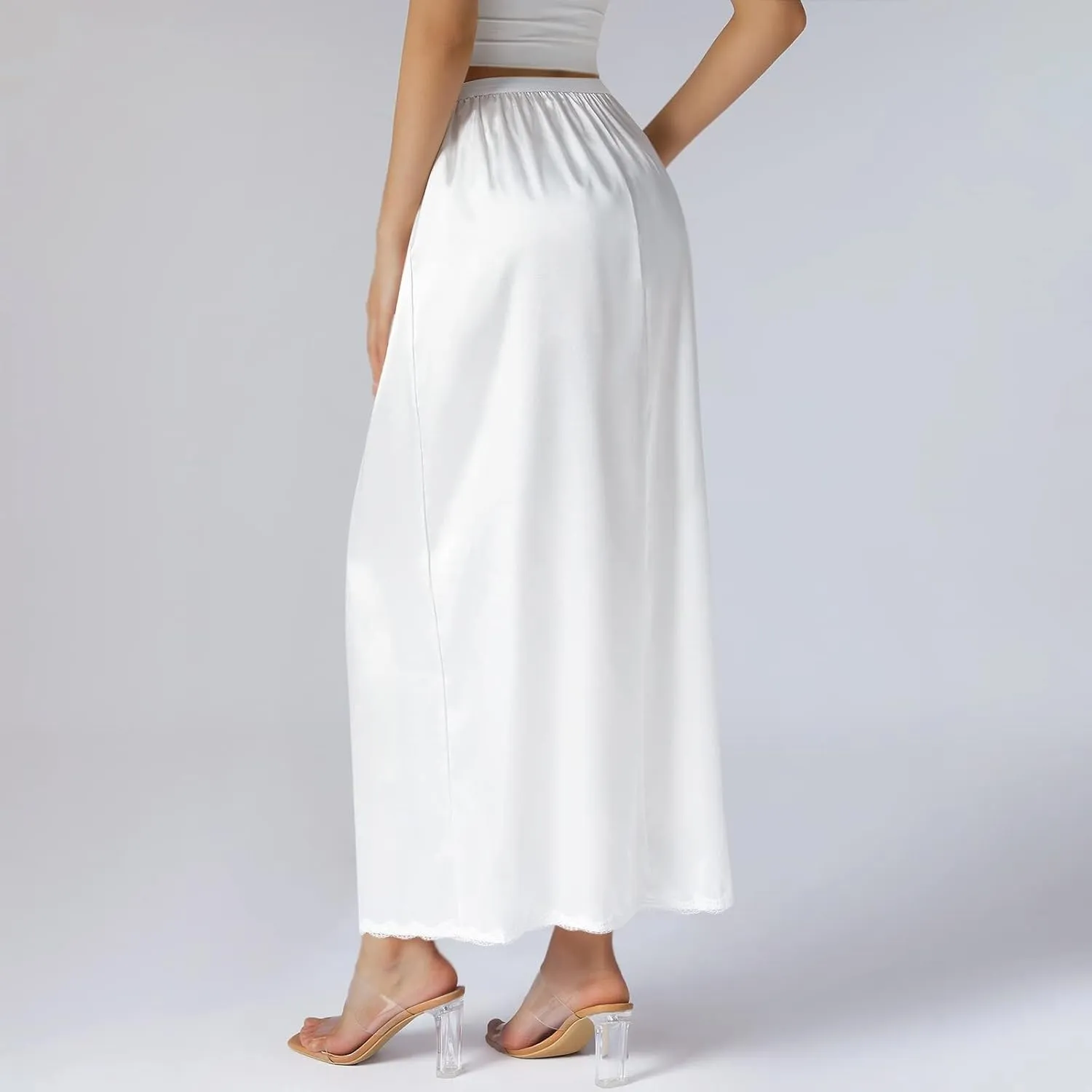 Women's Satin Half Slip Lace Long Underskirt Skirt Slip High Waisted Long Slips for Dresses Lingerie Long Skirt