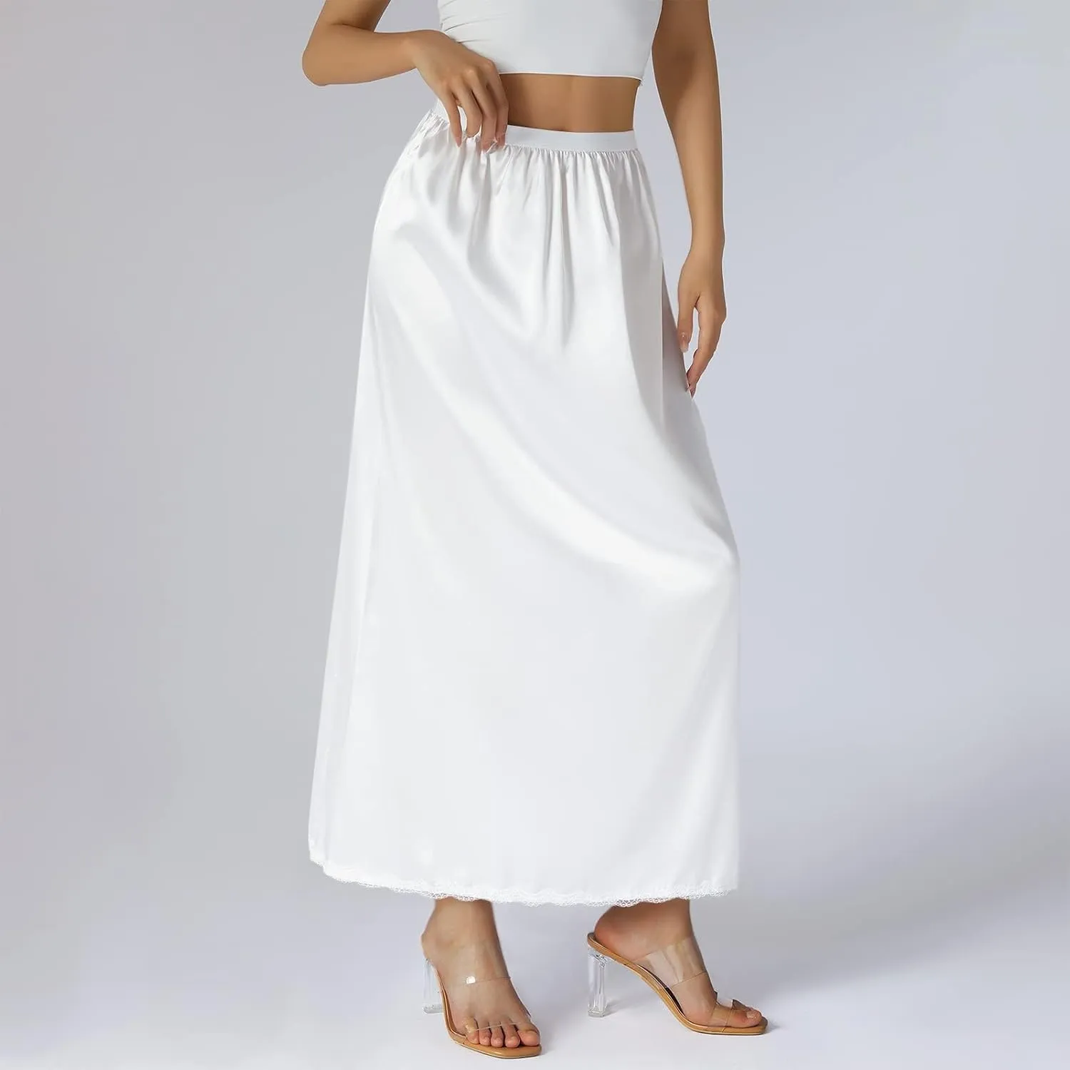 Women's Satin Half Slip Lace Long Underskirt Skirt Slip High Waisted Long Slips for Dresses Lingerie Long Skirt