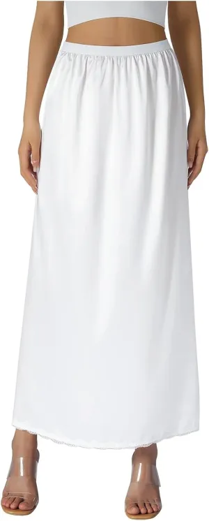 Women's Satin Half Slip Lace Long Underskirt Skirt Slip High Waisted Long Slips for Dresses Lingerie Long Skirt