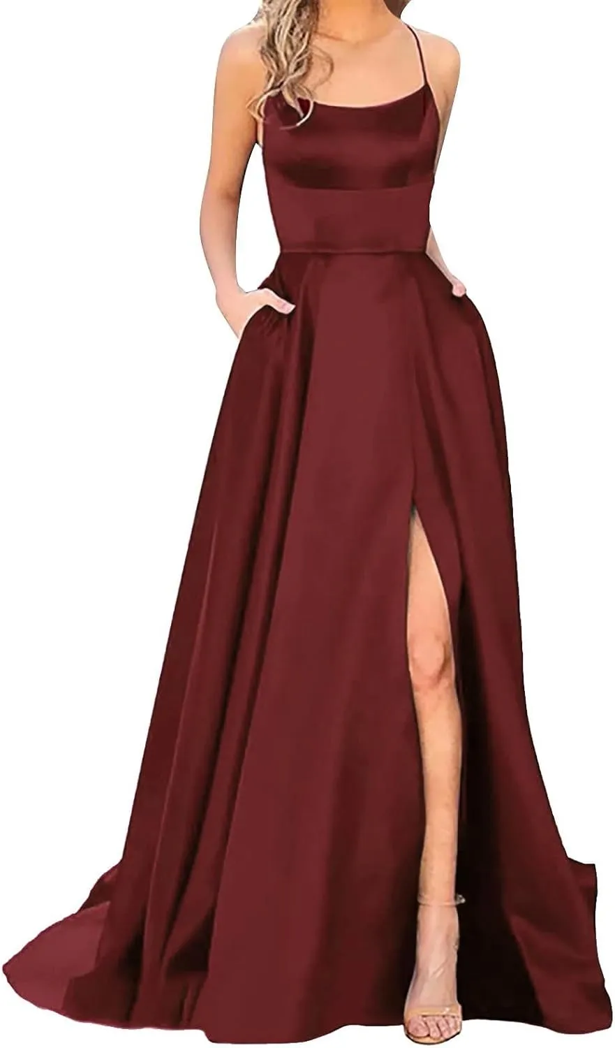 Women's Satin Prom Dresses with Slit Strapless Cowl Neck Corset Formal Dresses A Line Ball Gowns with Pockets
