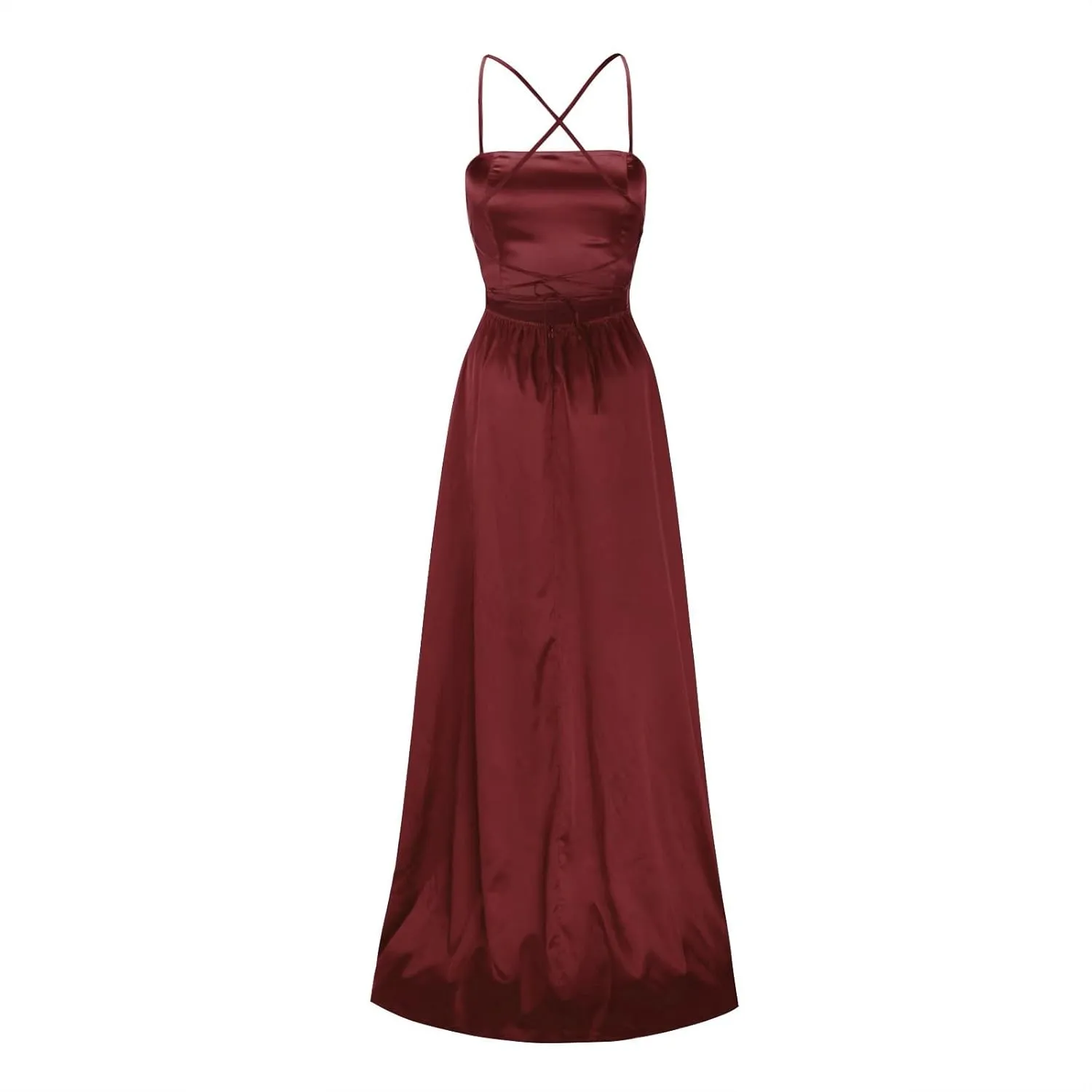Women's Satin Prom Dresses with Slit Strapless Cowl Neck Corset Formal Dresses A Line Ball Gowns with Pockets