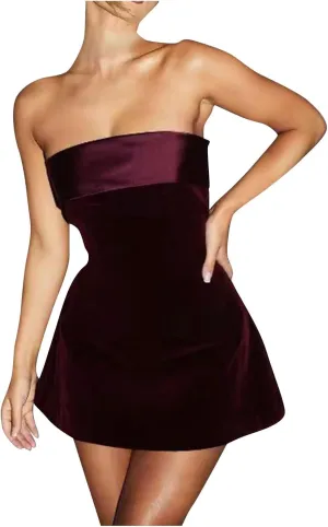 Women's Sexy Strapless Bodycon Mini Dress Velvet Off Shoulder A-Line Tube Top Dress Cocktail Evening Party Dresses