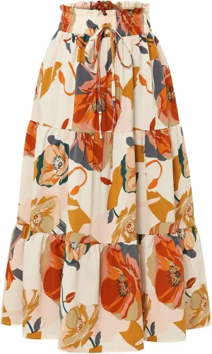 Womens Summer Casual A-Line Long Skirt Tiered High Waist Beach Outfits Elastic Waist Bohemian Print Maxi Skirt
