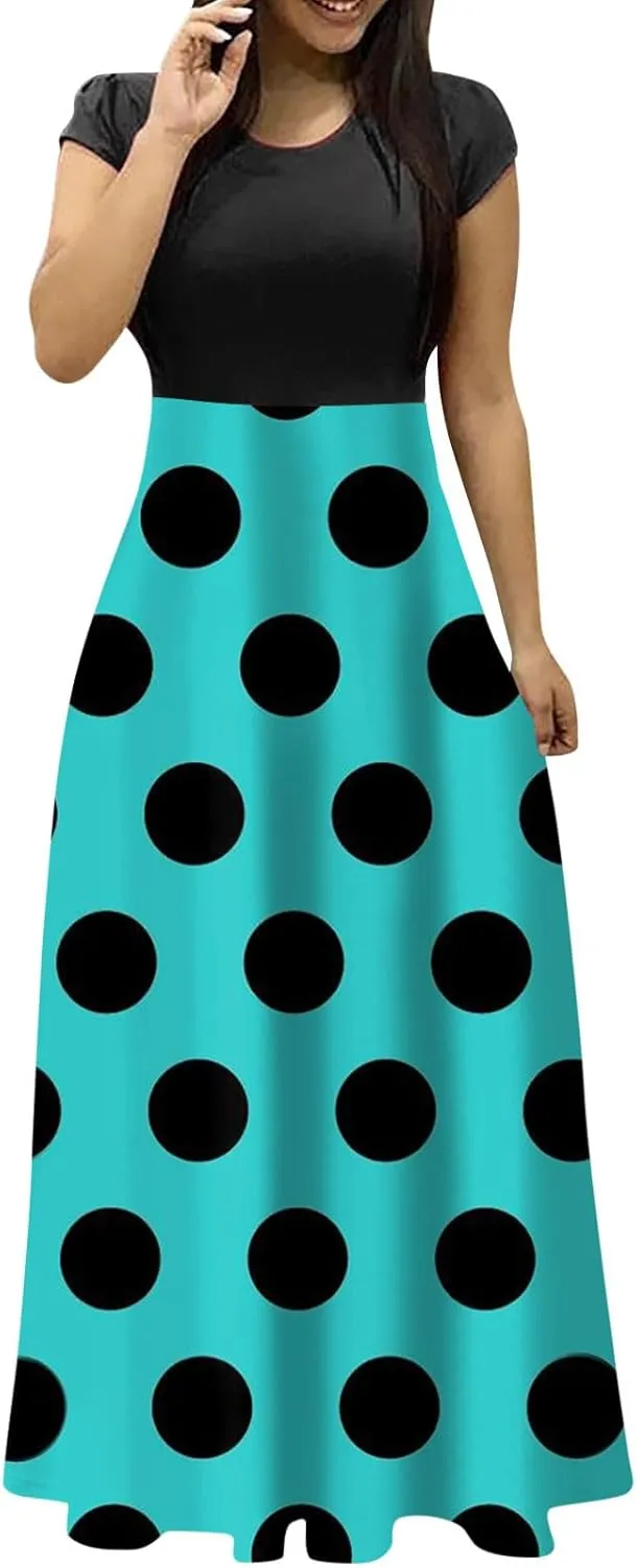 Women's Summer Dresses 2025 Trendy Solid Color Polka Dot Print Round Neck Short Sleeve Maxi Dress, S-3XL