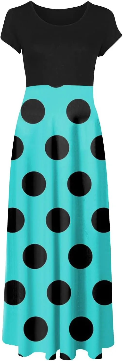 Women's Summer Dresses 2025 Trendy Solid Color Polka Dot Print Round Neck Short Sleeve Maxi Dress, S-3XL