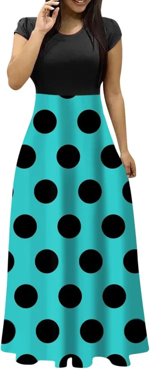 Women's Summer Dresses 2025 Trendy Solid Color Polka Dot Print Round Neck Short Sleeve Maxi Dress, S-3XL