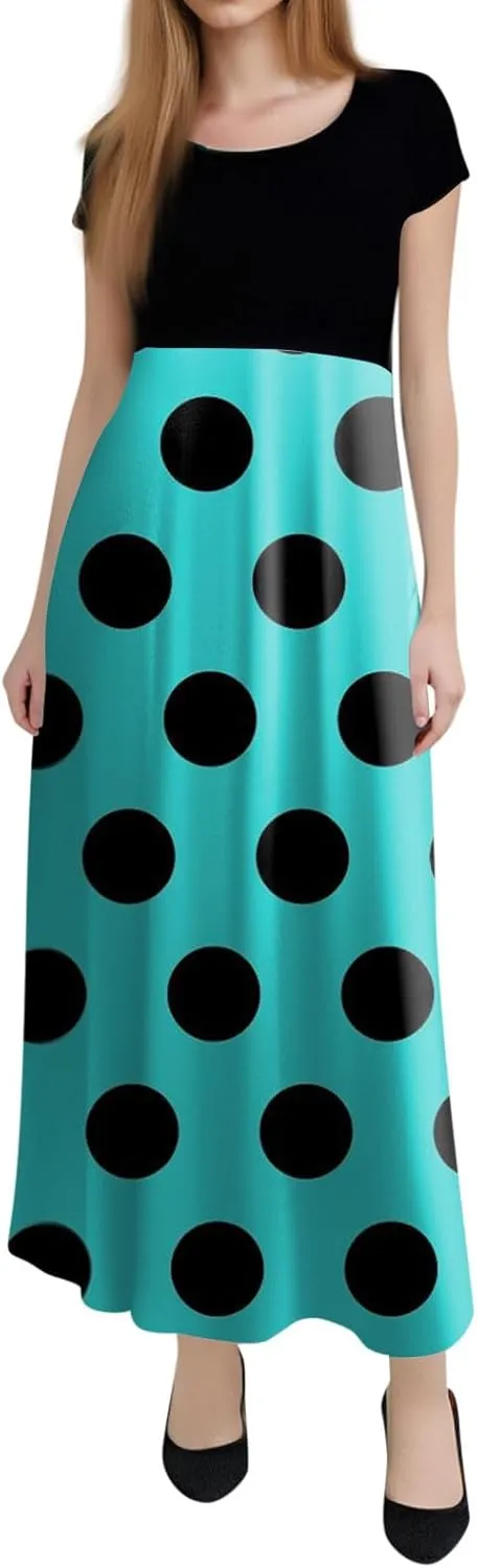 Women's Summer Dresses 2025 Trendy Solid Color Polka Dot Print Round Neck Short Sleeve Maxi Dress, S-3XL