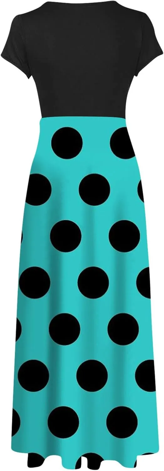 Women's Summer Dresses 2025 Trendy Solid Color Polka Dot Print Round Neck Short Sleeve Maxi Dress, S-3XL