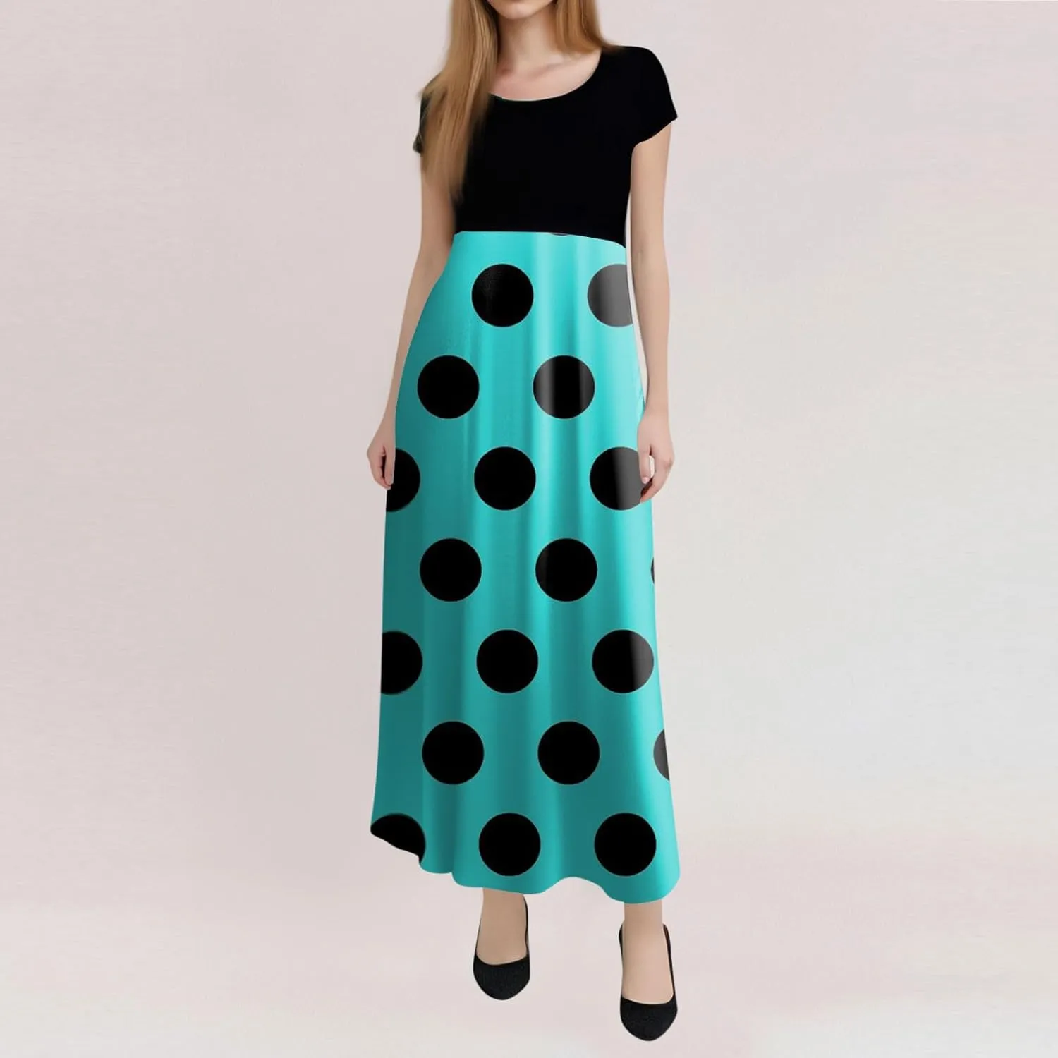Women's Summer Dresses 2025 Trendy Solid Color Polka Dot Print Round Neck Short Sleeve Maxi Dress, S-3XL