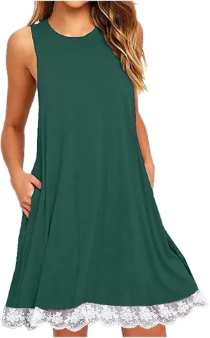 Women's Summer Dresses Beach Vacation Sleeveless Sundress Casual Round Neck A Line Mini Dress with Side Pockets