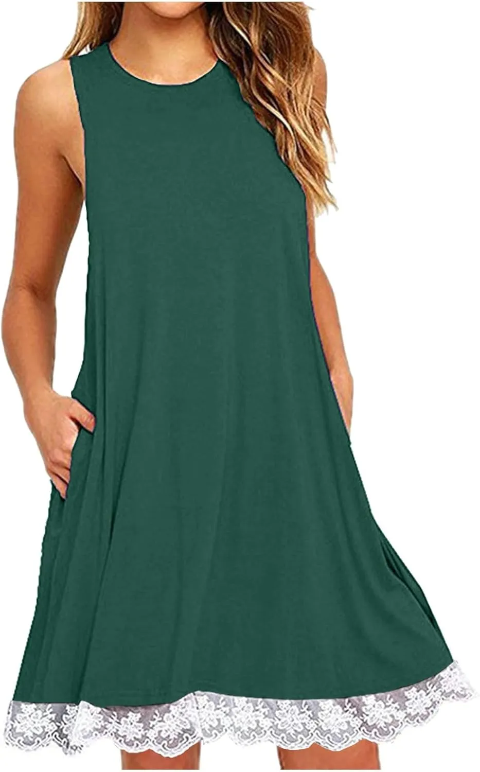 Women's Summer Dresses Beach Vacation Sleeveless Sundress Casual Round Neck A Line Mini Dress with Side Pockets