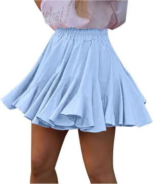 Women's Summer High Waist Pleated Skirts Casual Ruffle Beach Mini Skirt Fashion Elastic High Waisted Short Skirts