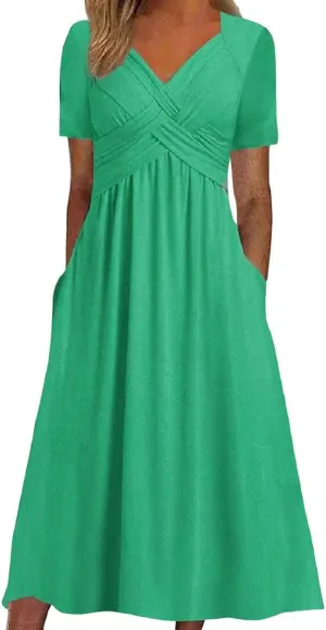 Women's Summer Maxi Dress 2025 Casual Short Sleeve Wrap V Neck Flowy Swing Plated Long Beach Sun Dresses with Pockets