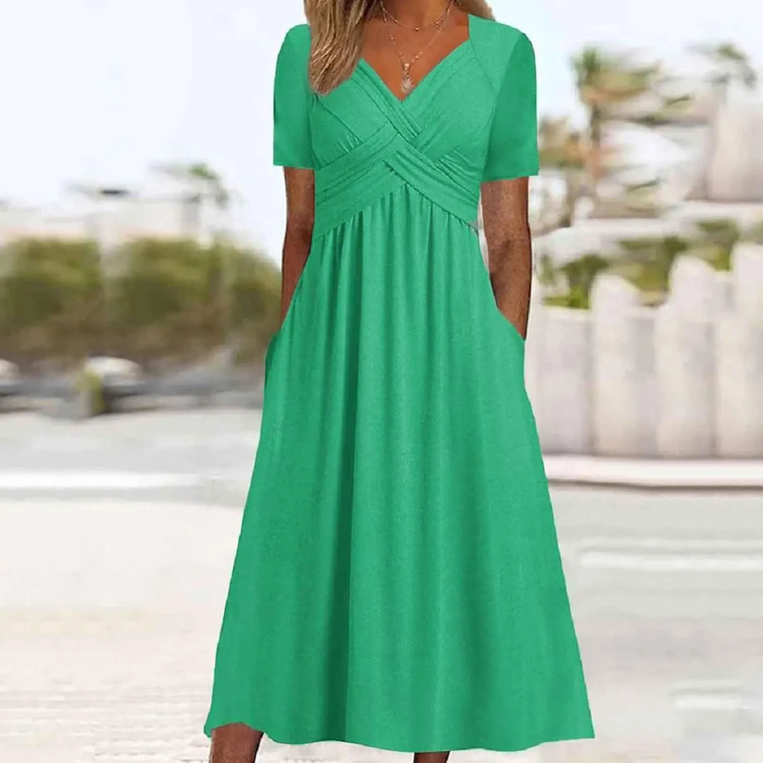 Women's Summer Maxi Dress 2025 Casual Short Sleeve Wrap V Neck Flowy Swing Plated Long Beach Sun Dresses with Pockets