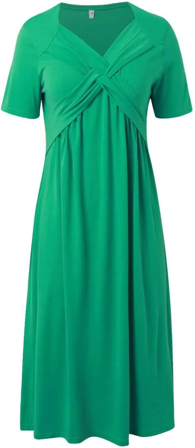 Women's Summer Maxi Dress 2025 Casual Short Sleeve Wrap V Neck Flowy Swing Plated Long Beach Sun Dresses with Pockets